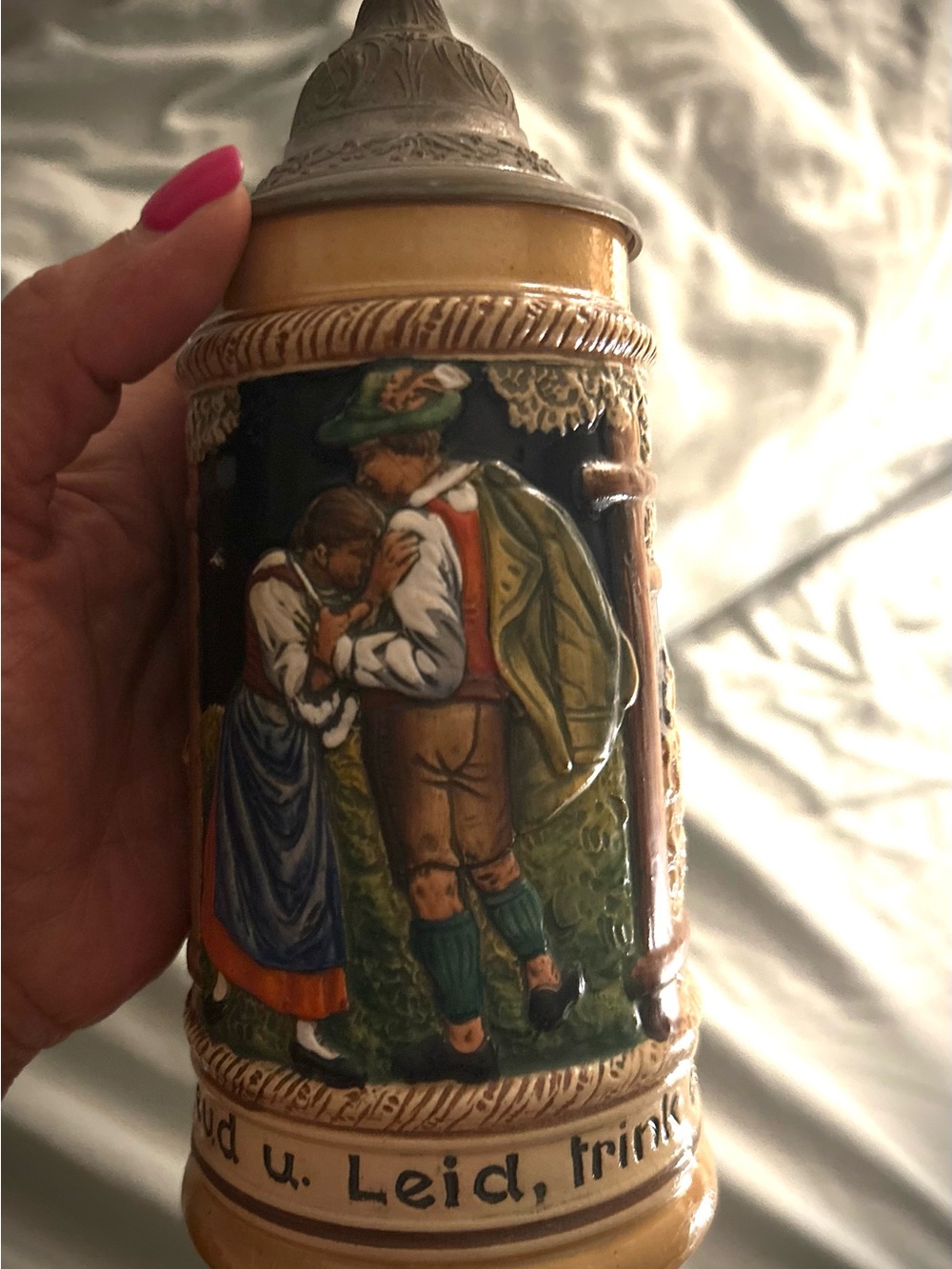 Vintage German-Style Ceramic Beer Stein in Tan, Green and Blue
